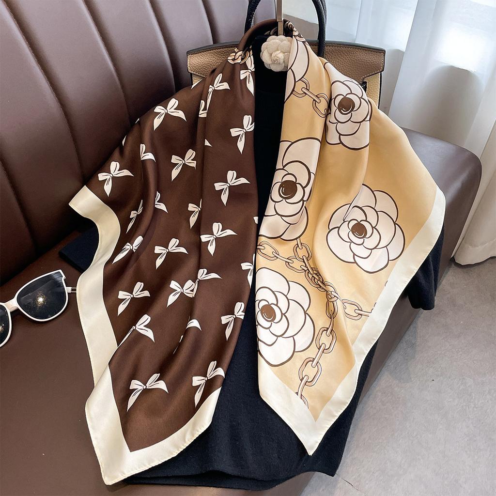 Luxury 90*90Cm Square Silk Scarf For Women Retro Neck Shawl Warps Elegant Neckerchief Bandanas Hijab Soft Stain Ladies Scarf