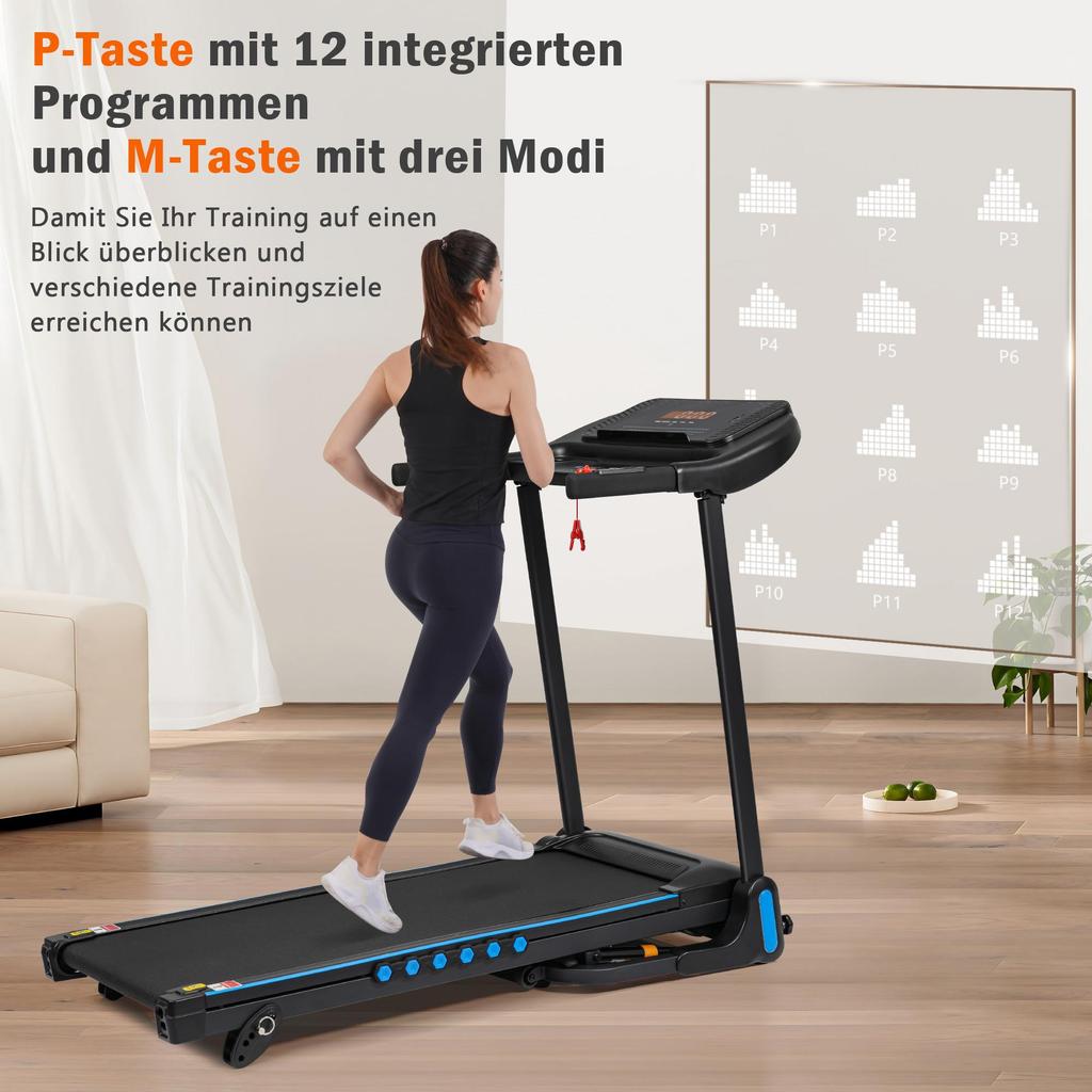 Laufband Flieks, Steigung 6%, Klappbar Laufbänder Leise bis 14km/h, 3,0 HP Treadmill mit Herzfrequenzmonitor, LED Anzeige, Bluetooth