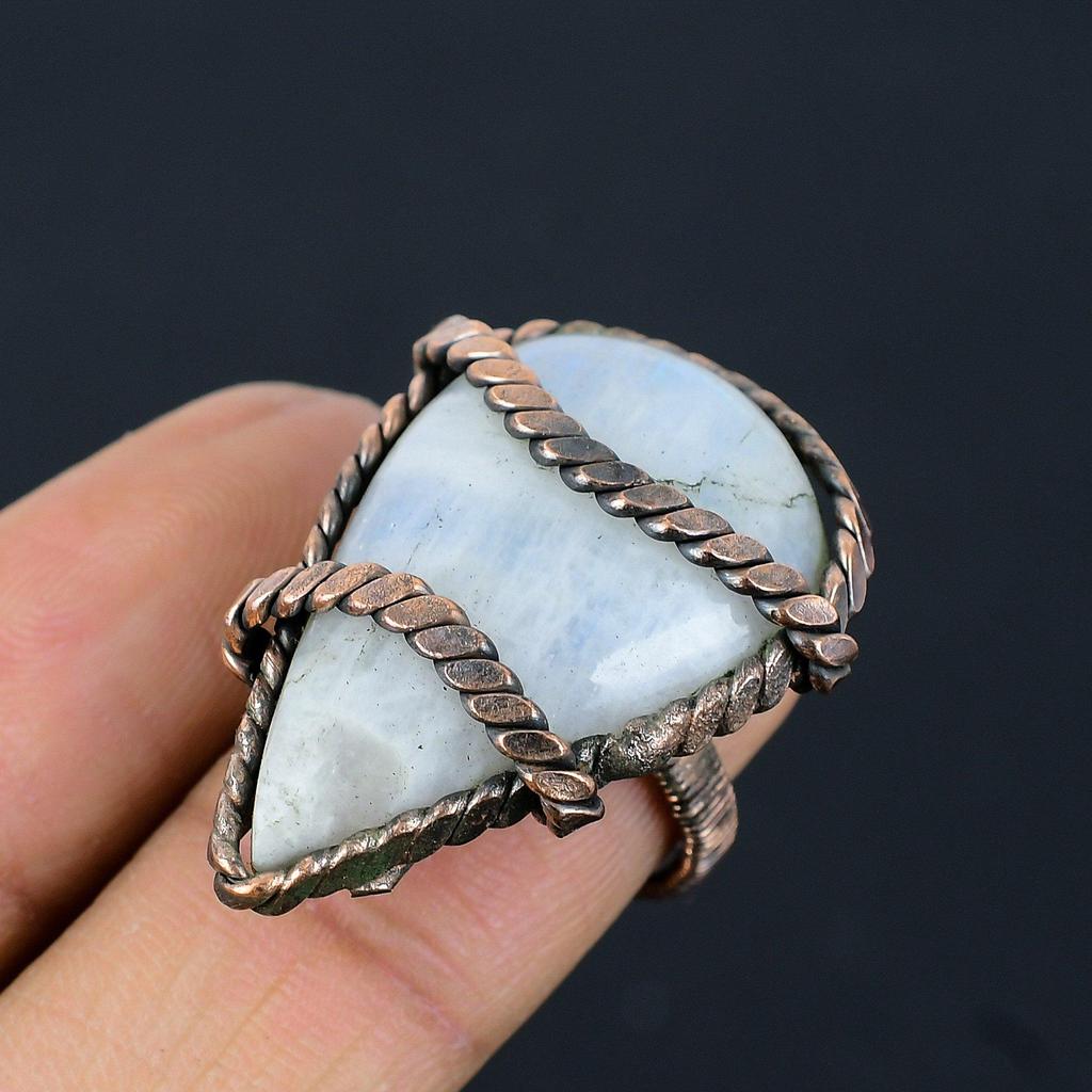 Moonstone Gemstone Copper Wire Wrapped Handmade Jewelry Ring All Size For Woman
