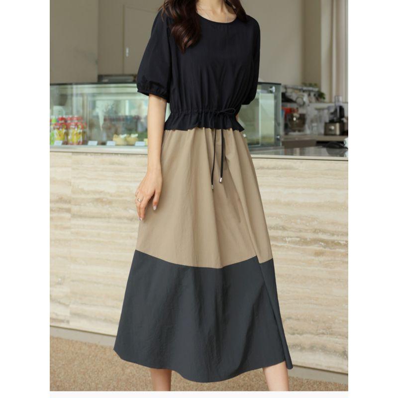 Fashion Round Neck Shirt with Half Sleeve Adjustable Waist Chubby Girl's Dress