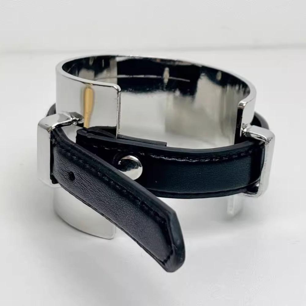Silver Exaggerated Metal Bangle Armlet Women Open Bangle Belt Buckle Leather Bracelet  Daily