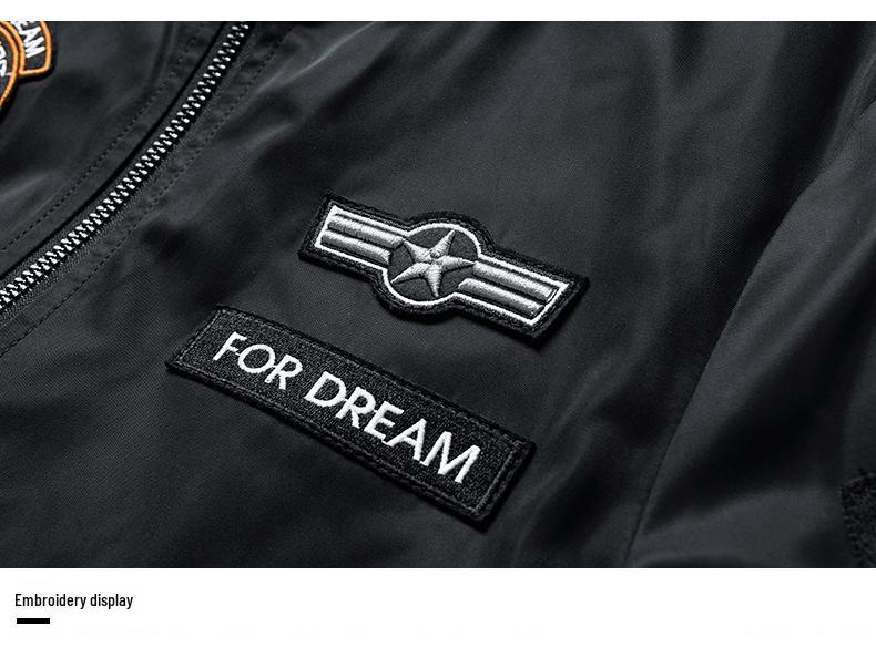 Reversible Spring & Autumn American Style Pilot Jacket with Embroidered Patches - Plus Size