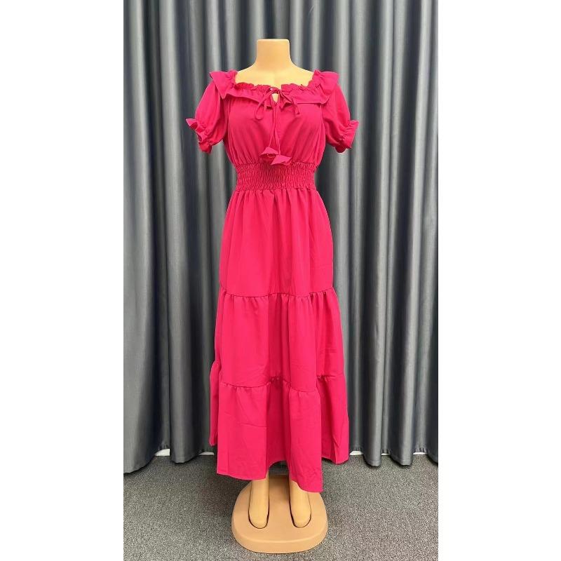 Women's Summer Long Dress New Fashion Solid Color Ruffled Strapless Puff Sleeve Vacation Dress Women Elegant Off Shoulder Sexy A Line Female Dresses