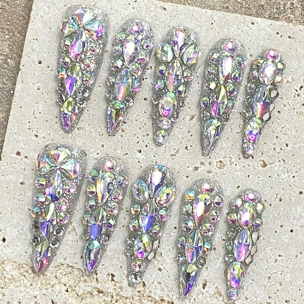 Handmade Long Stiletto Press On Nails Reusable Butterfly Diamond Decor Full Cover Artificial False Nails