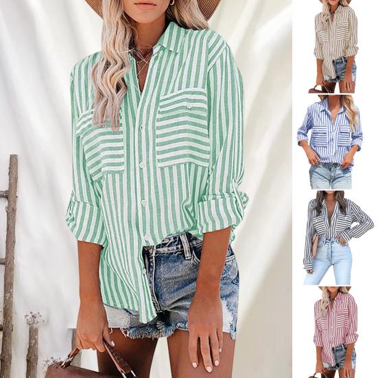 

Женская рубашка с лацканами и длинными рукавами, полосатая рубашка с принтом, топы с накладными карманами, однобортная свободная посадка, повседневная офисная рубашка, уличная одежда