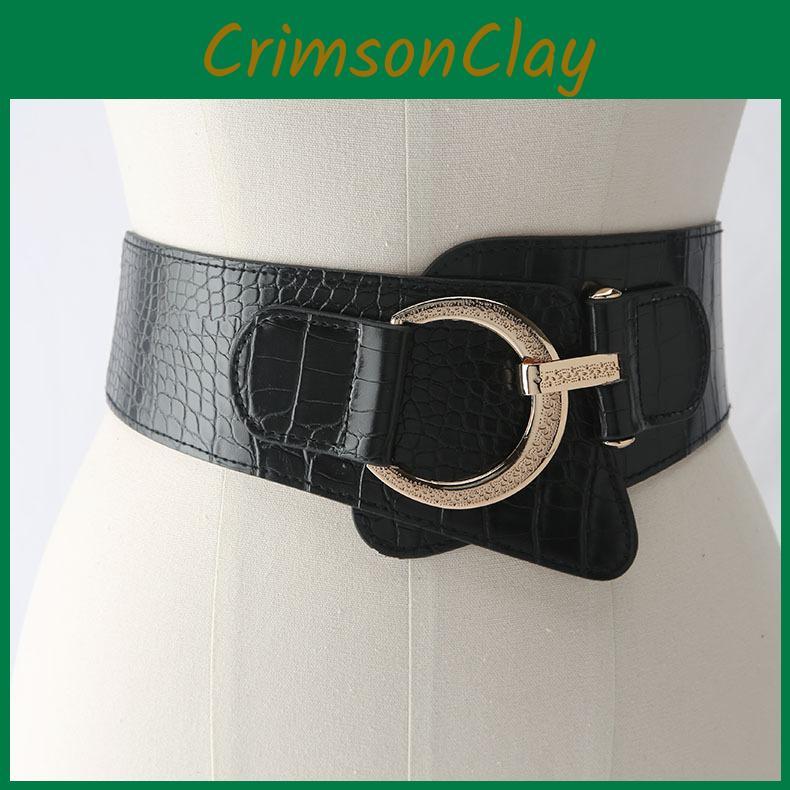Womens Wide Elastic Waist Belt For Dresses And Coats With Cshaped Buckle And Stitching Design