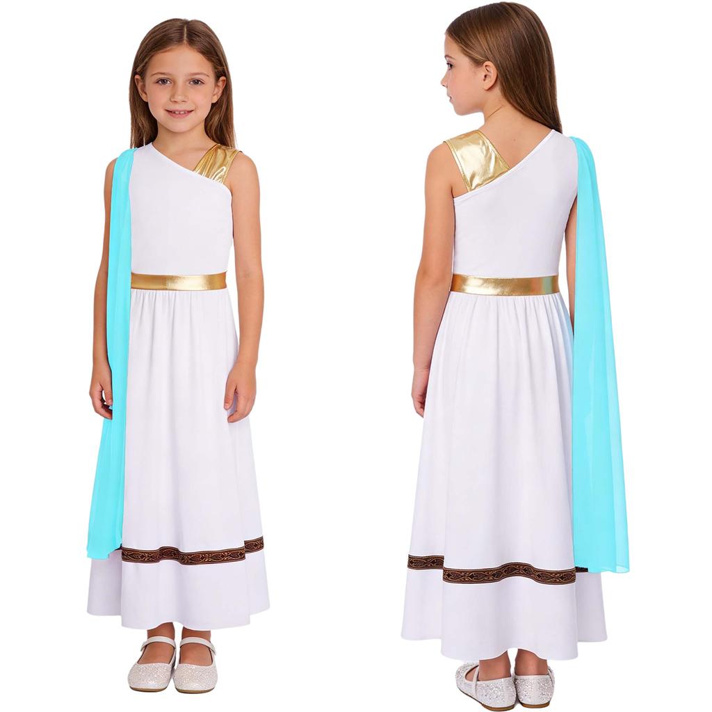Costume da Esibizione Teatrale per Ragazze: Abito senza maniche con patchwork metallico e mantella a scialle per Cosplay di Dio Greco Romano