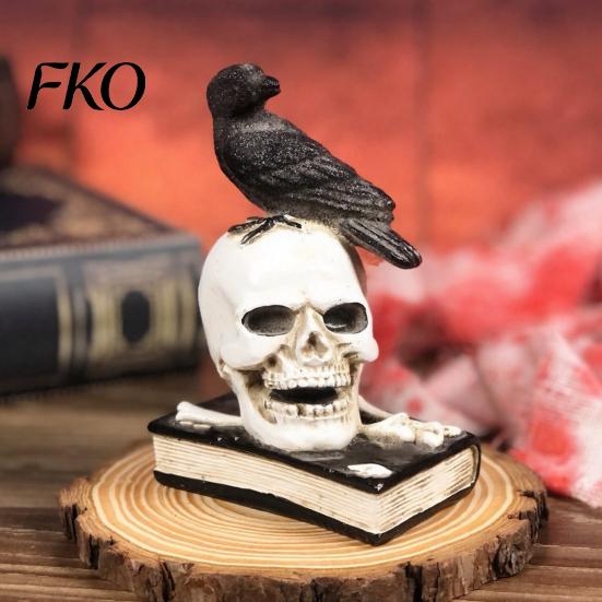 Resin Skeleton Statue Mystical Raven on Skull Statue, Gothic Crow Perching Figurine Aged Texture Decor with Book, Spooky Halloween Sculpture for Desk