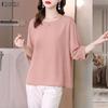 ZANZEA Women Casual Round Neck Solid Color Loose 3/4 Sleeve Blouse