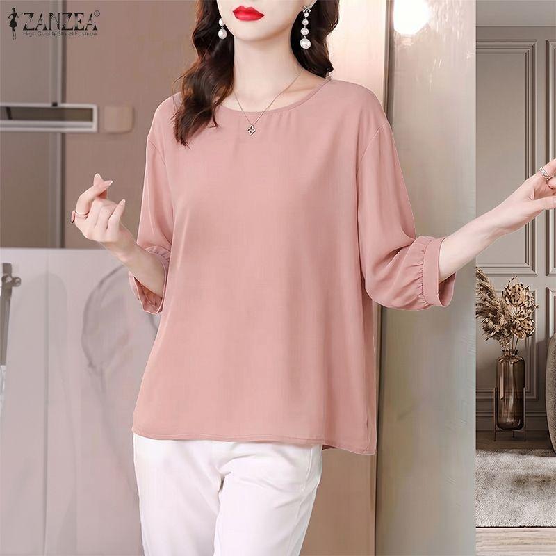 ZANZEA Women Casual Round Neck Solid Color Loose 3/4 Sleeve Blouse