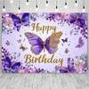 2D Purple Floral Butterfly Happy Birthday Backdrop Gold Accent Party Decoration Banner