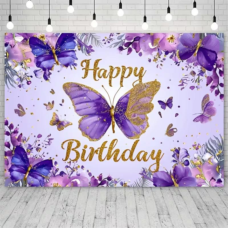 2D Purple Floral Butterfly Happy Birthday Backdrop Gold Accent Party Decoration Banner