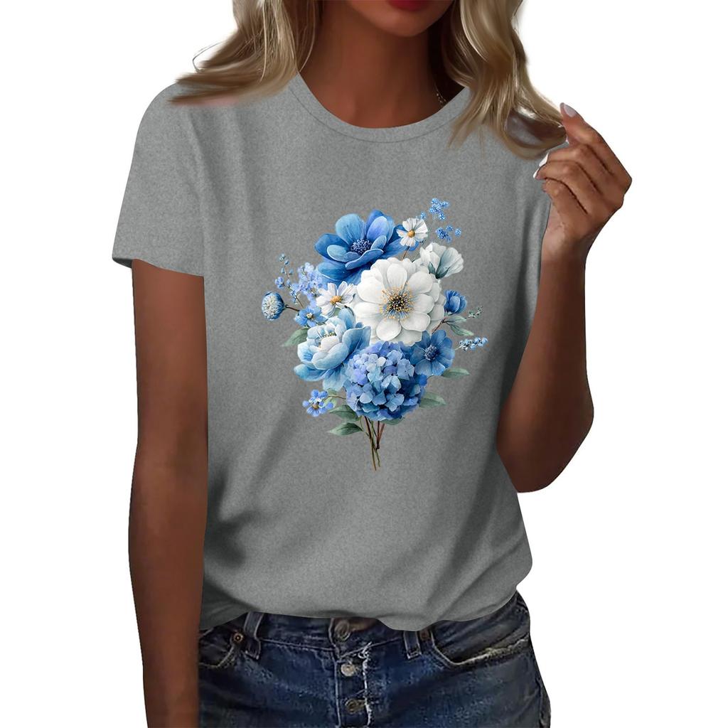 Women's Fashion Casual Printed Round Neck Short Sleeved T-Shirt Top T-Shirt Top Top