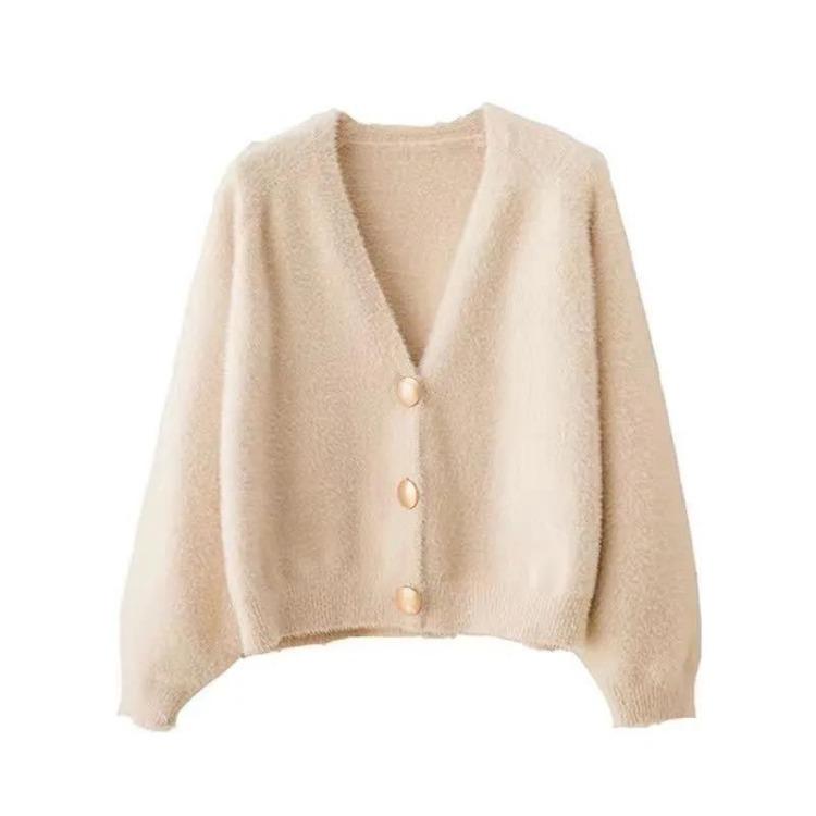 Casaco Cardigan Feminino Curto Solto Primavera Outono Cor Sólida Lã Sintética de Vison Tricotado Botão Suéter