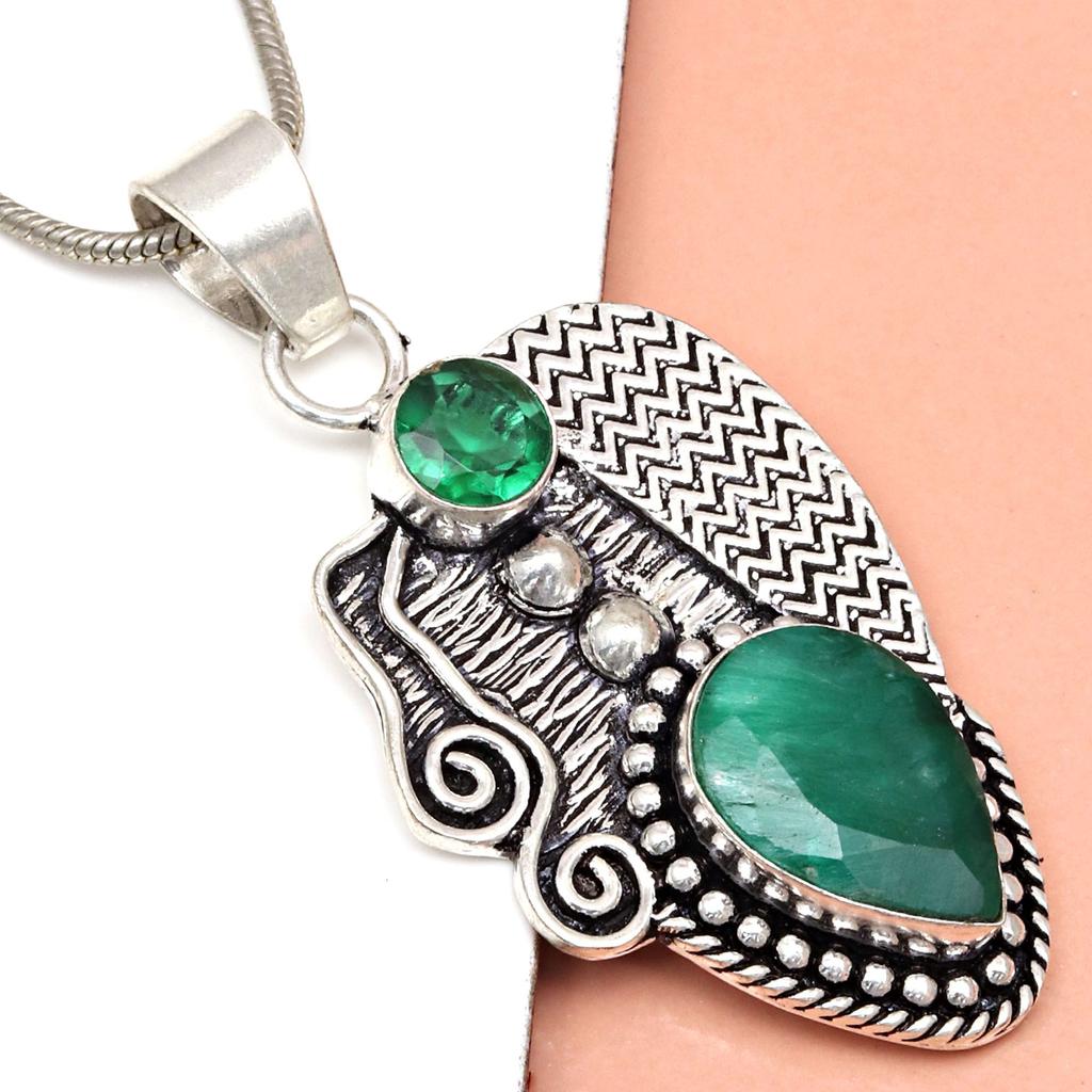 Malachite Emerald Gemstone Mother's Day Silver Jewelry Pendant 2.25"