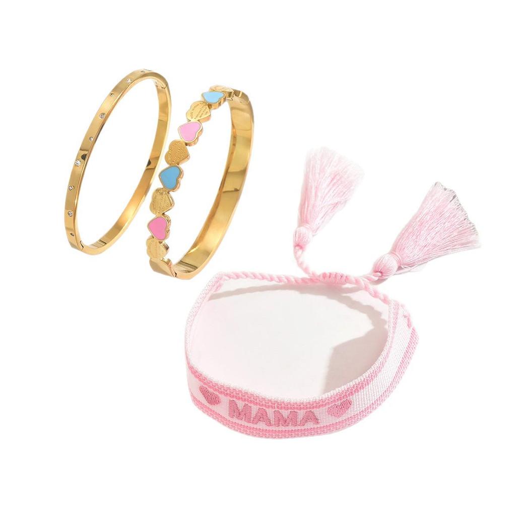 Gold Heart-Shaped Stainless Steel Bracelet with Embroidered Bow and Tassel Woven Cord.