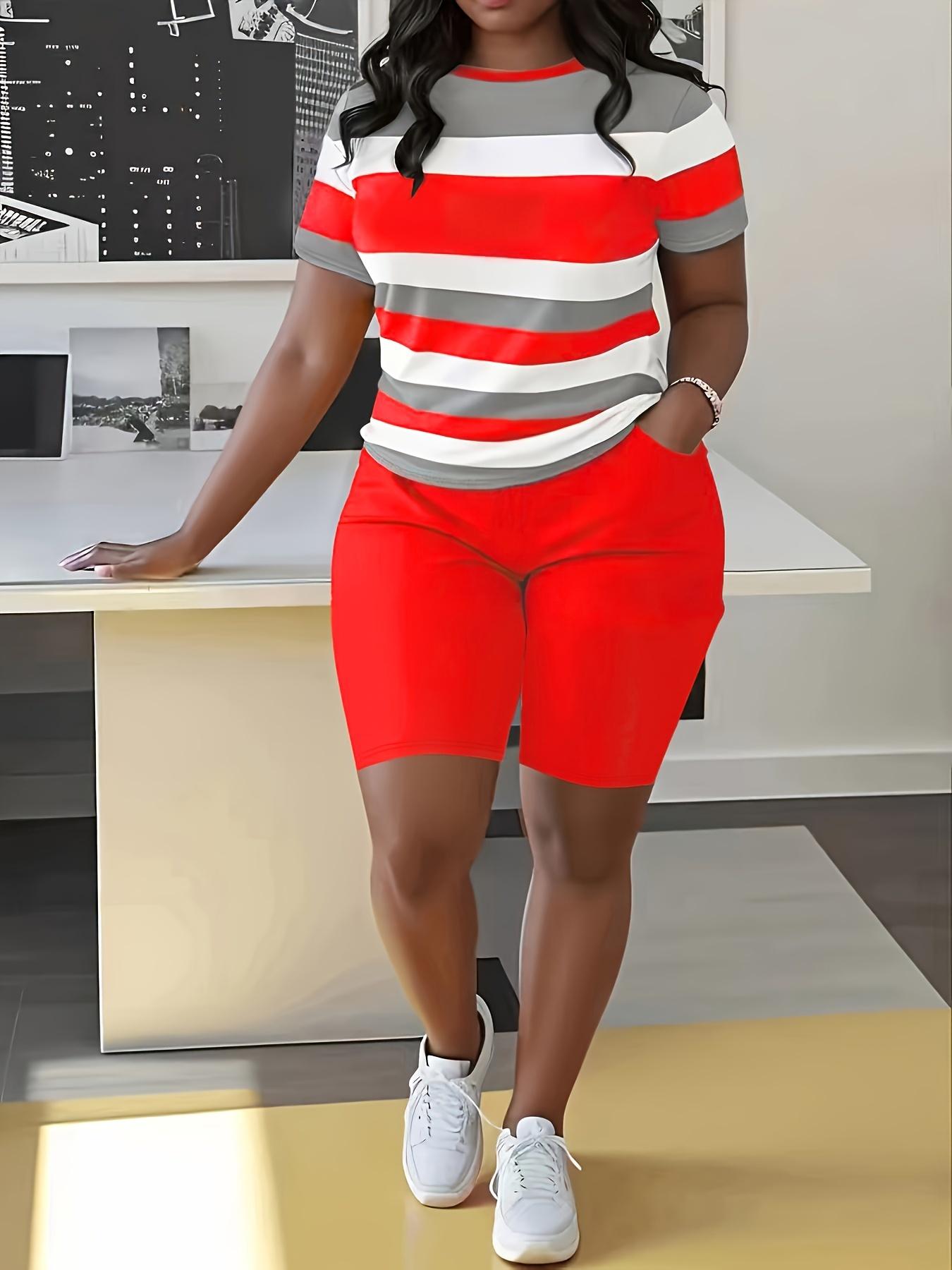 

Модный женский комплект из двух предметов с 3D-принтом размера плюс, полосатый топ с короткими рукавами и шорты с высокой талией, повседневный наряд 6XL