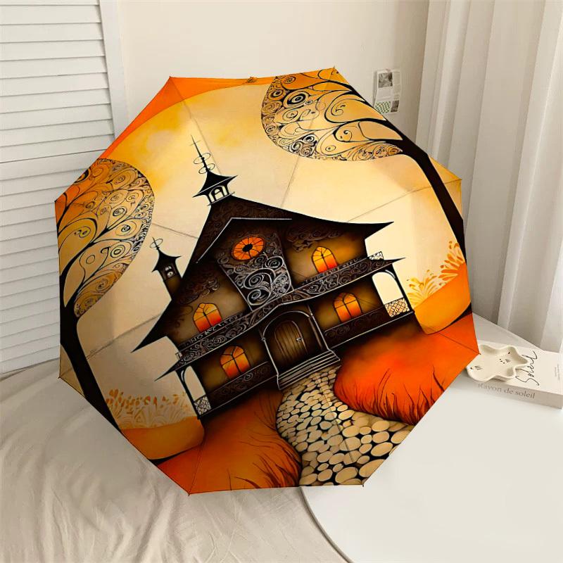 1pc haunted house autumn Automatic Open/Close Umbrella Compact Folding Umbrella with 8-Rib Shaft for Women/Men, Elegant Birthday1256S