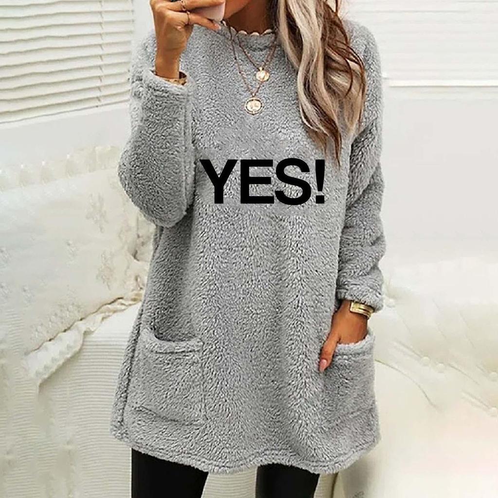 Women's Letter Print Round Neck Loose Long Sleeve Pocket Plush Hoodie - Autumn/Winter Collection