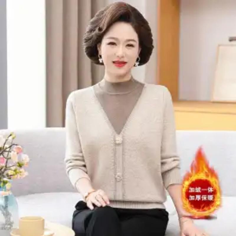 Mother's Sweater Mid-length Middle-aged Women Knitted Bottoming Wool Plus Velvet Loose Autumn Winter New