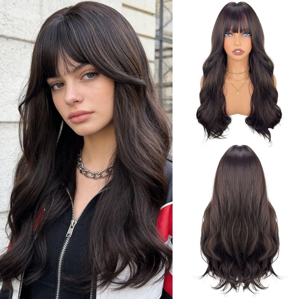 Women Stylish Long Wave Hair with Bangs Synthetic Black Brown Wigs for Daily Cosplay Use Heat Resistant Fibre