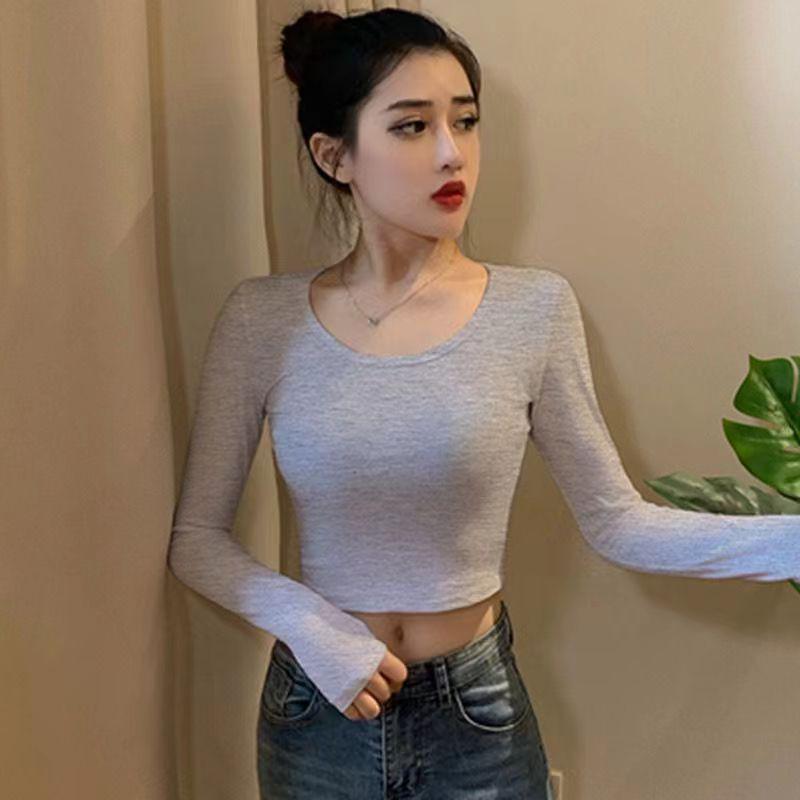 Women's Sexy Black Deep U-Neck Long-Sleeve Cropped T-Shirt