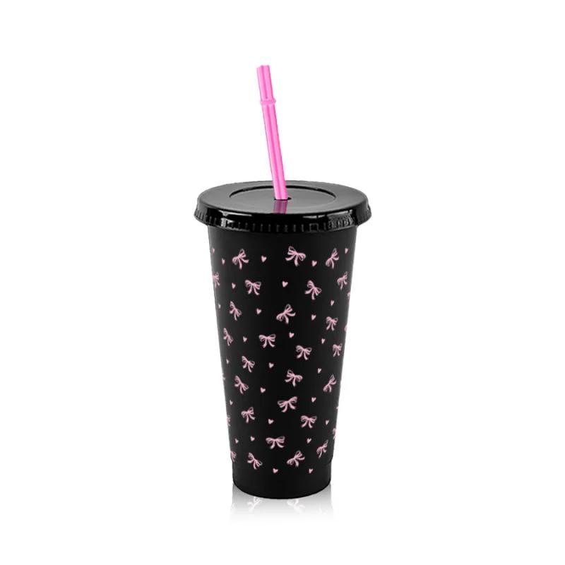 

24oz Cute Bow Reusable Plastic Water Cups With Straw Lid Portable Juice Iced Coffee Milk Cups Sports Camping Party Mug Drinkware чорний