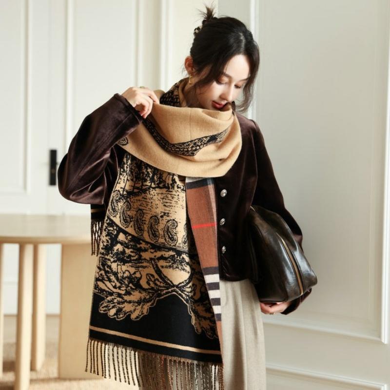 New Fashion Tower Print Winter Women'S Scarf Luxury Design Double Sided Cashmere Feel Scarf Tassels Warm Scarf Shawl 43*200Cm