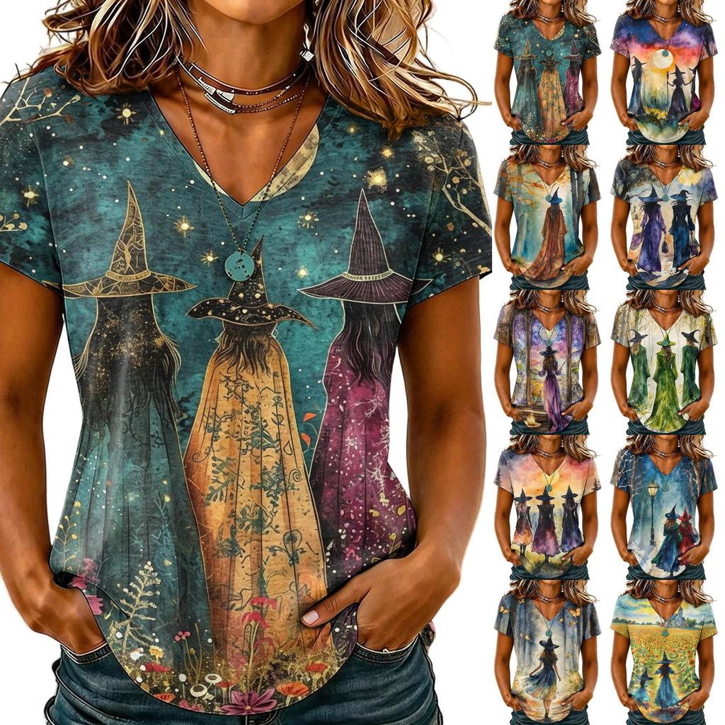 Women's V-Neck Short Sleeve Halloween Print T-Shirt Casual Pullover Top