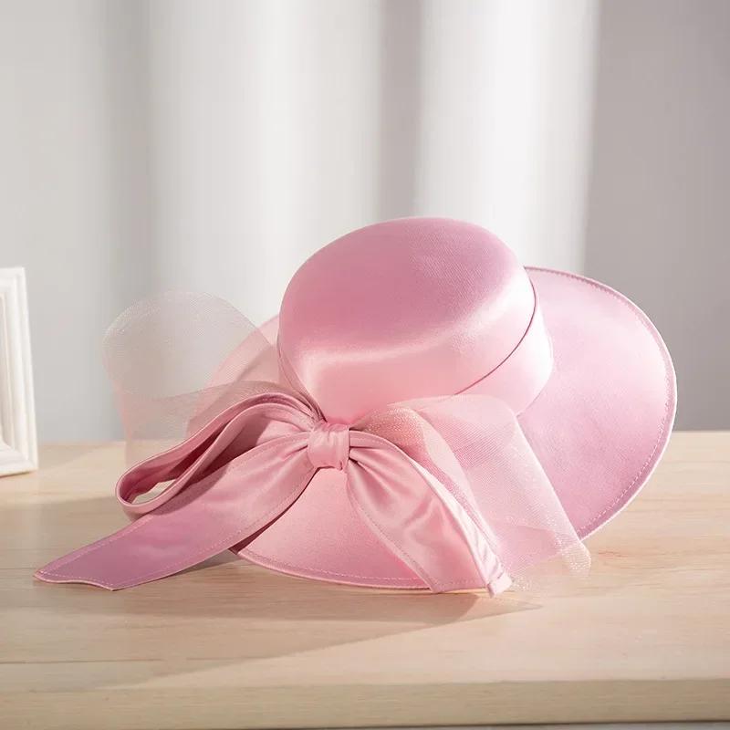 Dámský klobouk se saténovou mašlí ve francouzském stylu - Elegantní svatební fedora a sluneční klobouk pro banket, svatební večírek