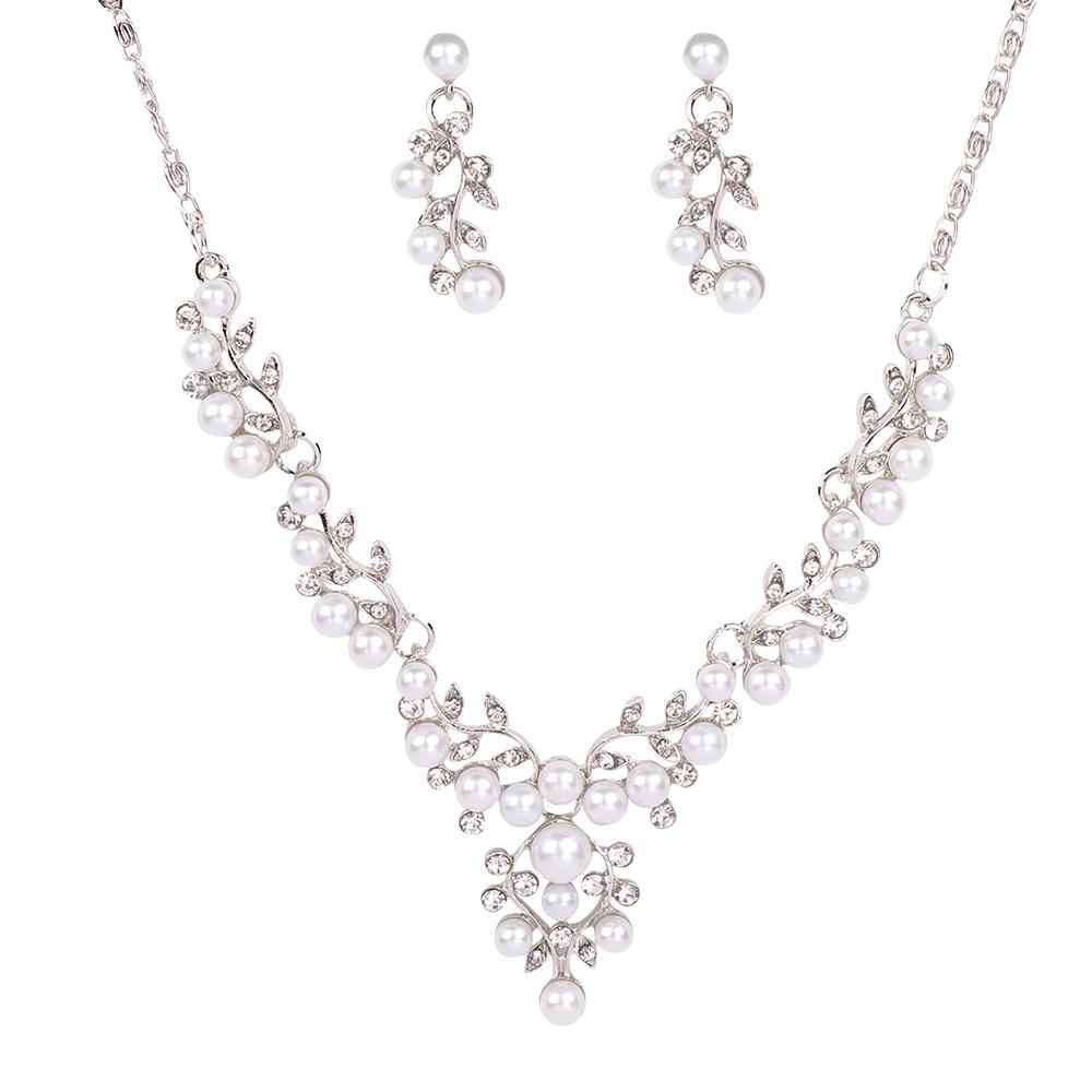 Pearl Simulated Gold/Silver Necklace Earrings Crystal Silver Plated Wedding Bridal Jewelry Sets