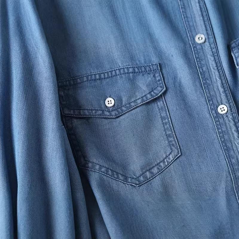 2026 Spring and Autumn Slim-Fit Tencel Denim Shirt for Women, Long Sleeve, Draped, Versatile Casual Blouse