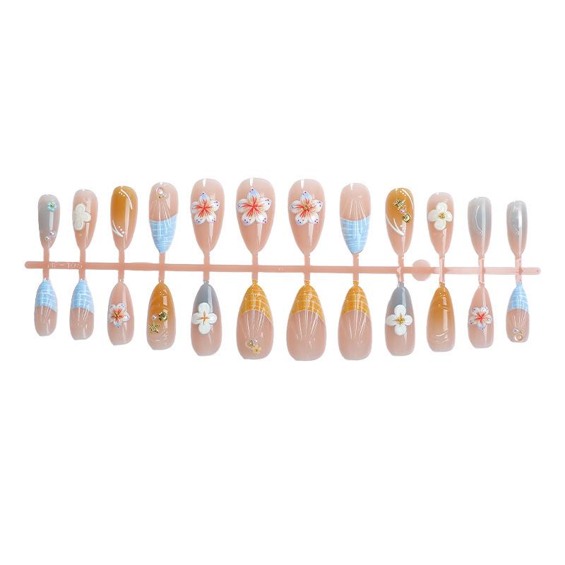 30-Piece Beach Style 3D Flower Seashell Rhinestone Almond Nails – Hot Selling Manicure Tips