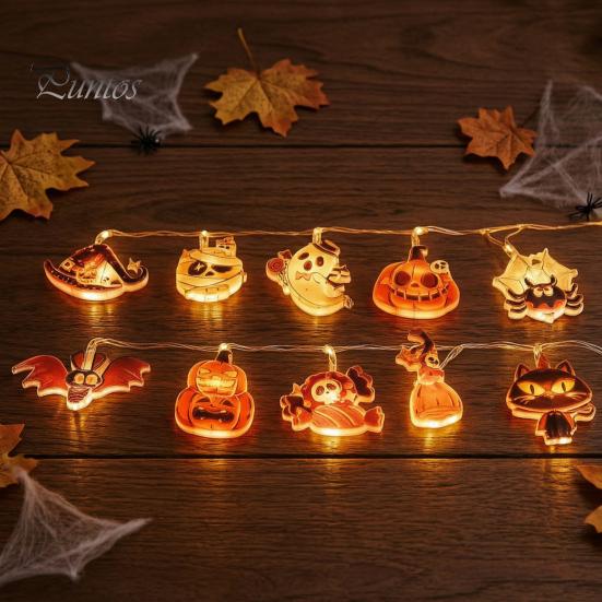 Cute Ghost Witch Hat Party Decor Halloween LED String Lights, Pumpkin Spider Battery Operated Fairy Waterproof Decorative Lights for Porch Party,