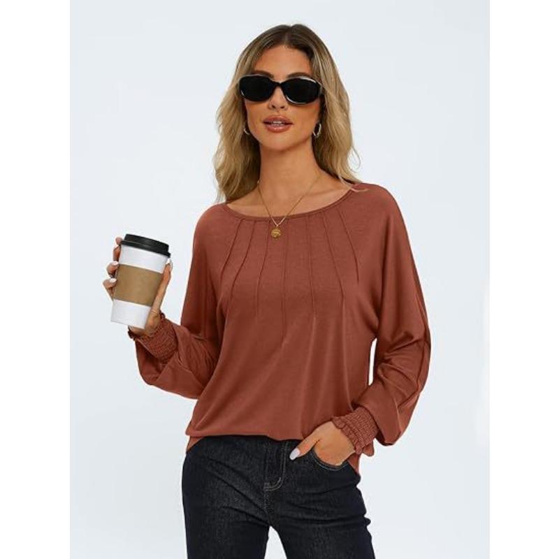 Autumn and Winter Women's Blouse Round Neck Pleated Long Sleeve Casual Tops