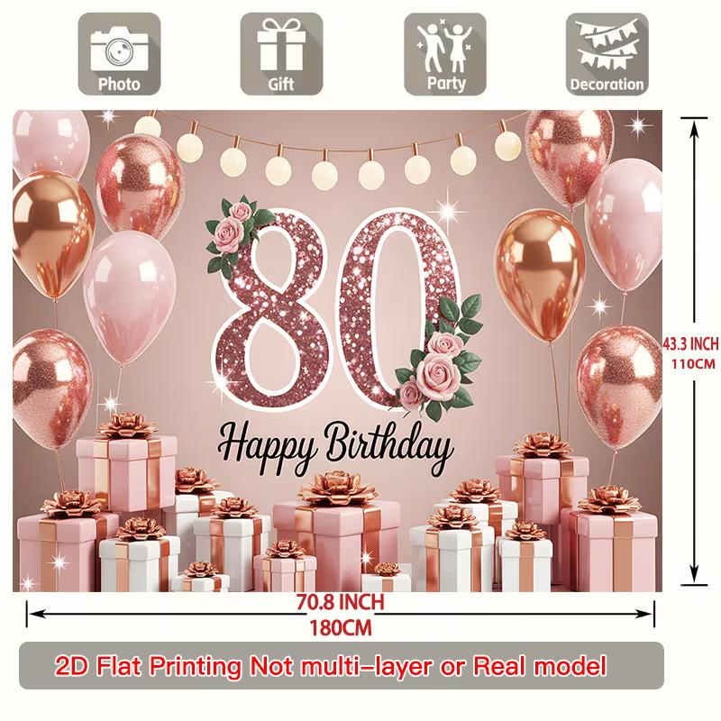 2D Rose Gold 80th Birthday Photography Background, Pink Gold Party Decoration