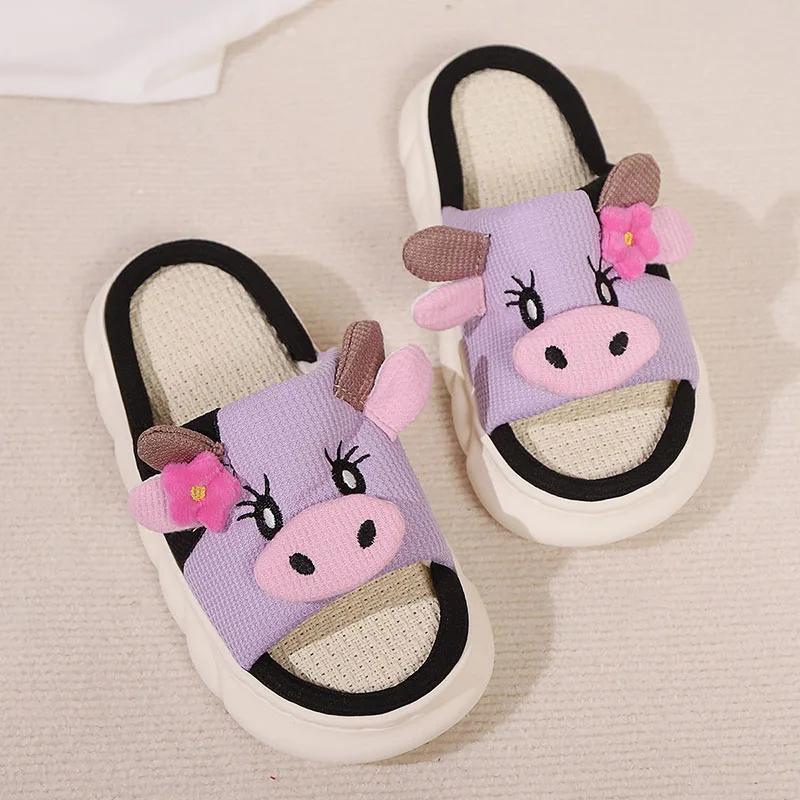 Fashion Women's House Slippers New Cartoon Shoes Spring Summer Indoor Non-Slip Linen Slippers Woman Breathable Soft Sole Platform Slides