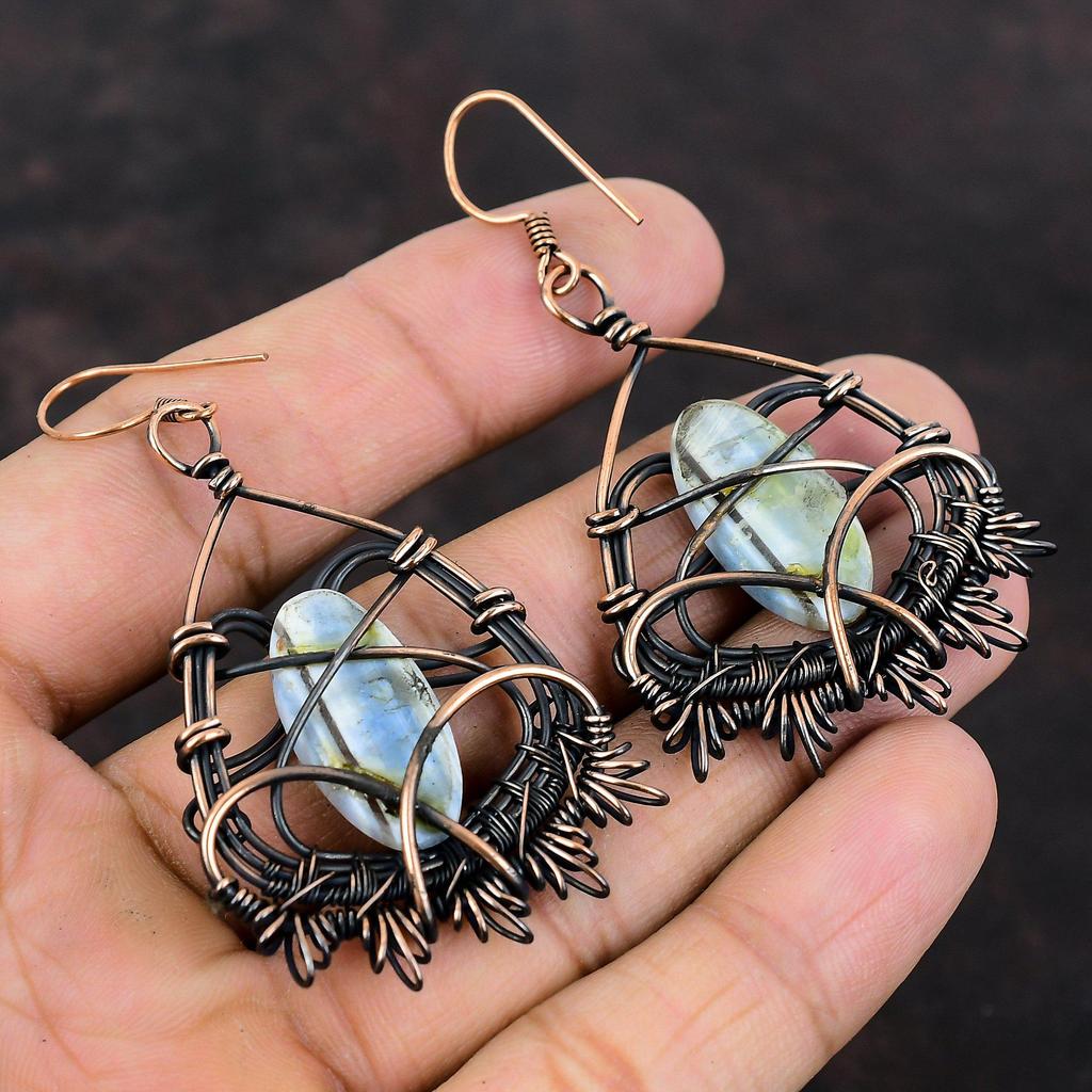 Owyhee Blue Opal Copper Earring Copper Wire Wrapped Earring Unique Jewelry Dainty Gemstone Earrings Handmade Earring Copper Jewelry For Gift