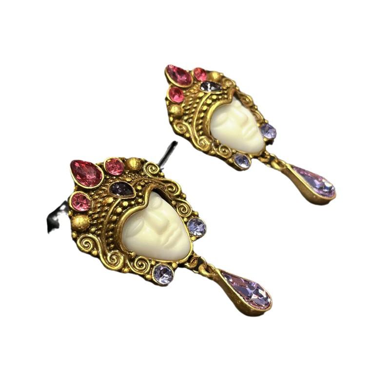 Middle Aged Vintage Handmade Retro Buddha Face Statue Heavy Industry Earrings Exaggerated Personality Palace Portrait