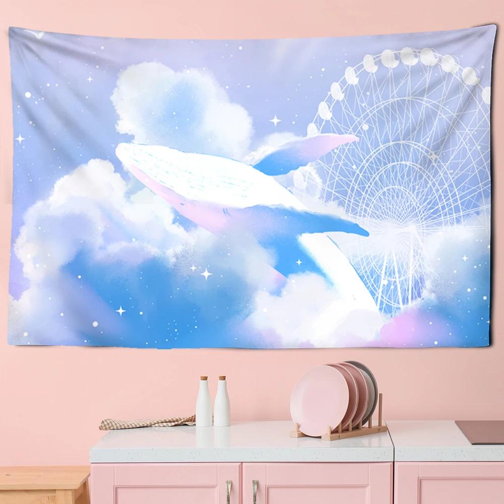 Tapestry Aesthetics Cartoon  Sky Dolphin  Pink Purple Cloud  Bedroom Wall Home Decoration