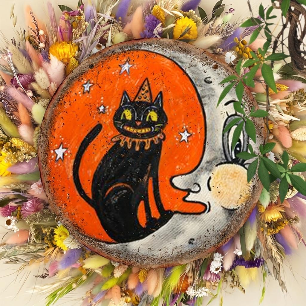 Vintage Whimsical Cat and Moon Round Plaque Sign - Distressed Finish, Wall Hanging,  Aesthetic Room Decor - Pack of 1
