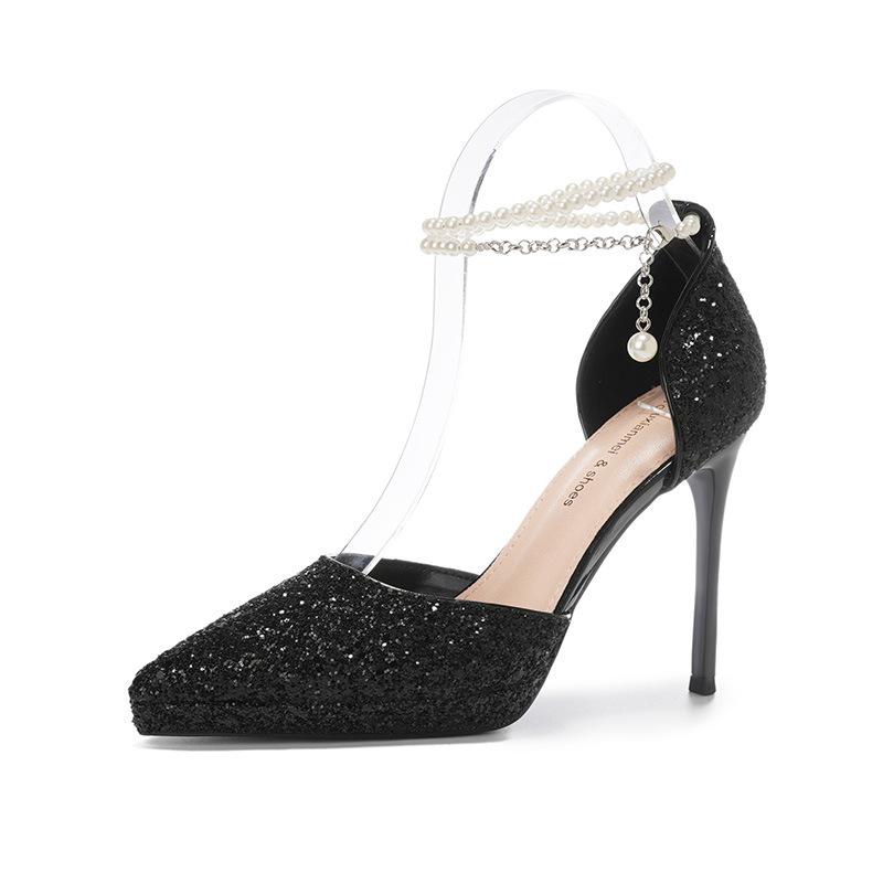 Shiny Pearl Chain Red High Heels Wedding Shoes Prom Banquet Dress Wedding Shoes Temperament Women's Shoes