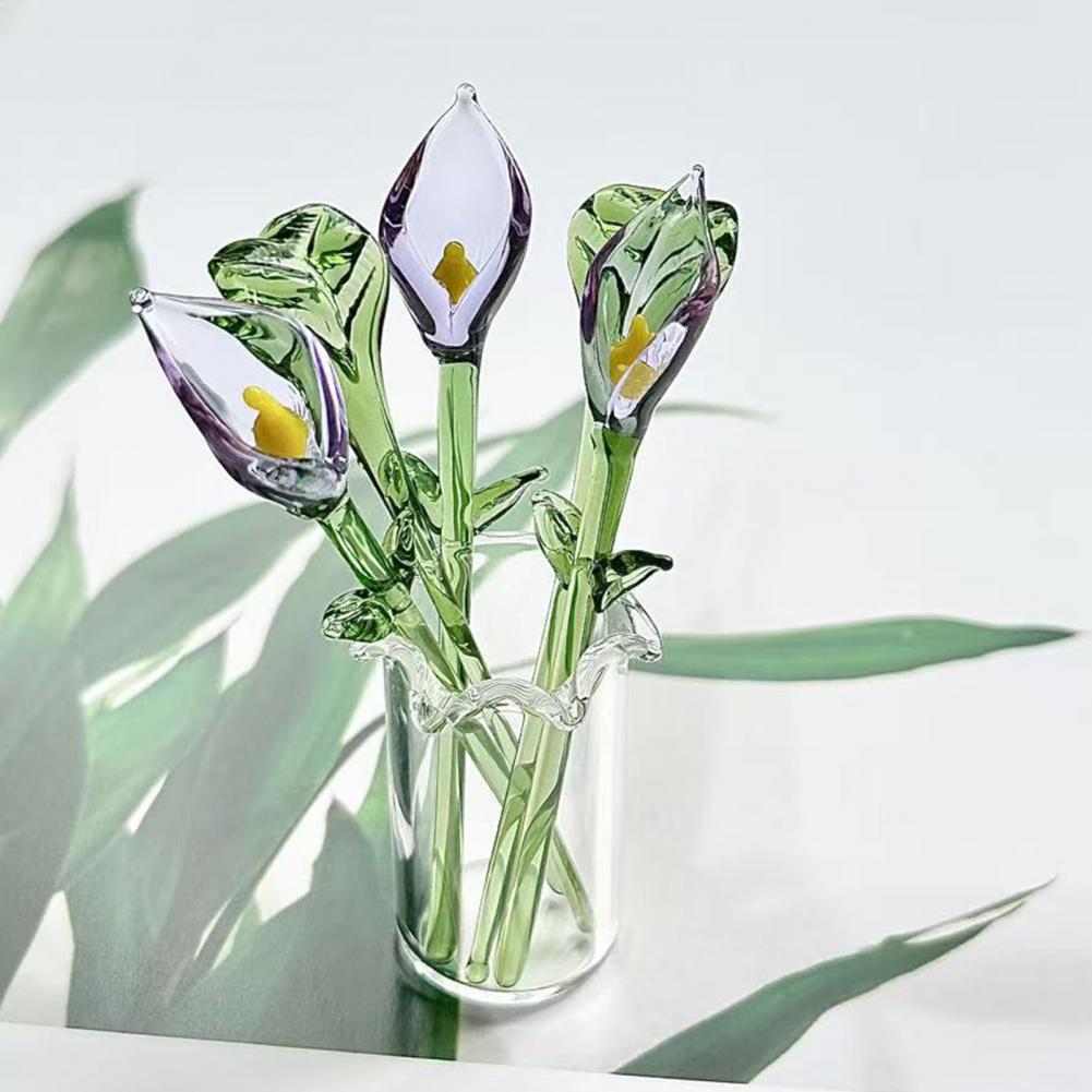 Glass Flower Decorations Mini Glass Flowers Handcrafted Glass Calla Lily Figurine Hand-blown Mini Flower Ornament for Home