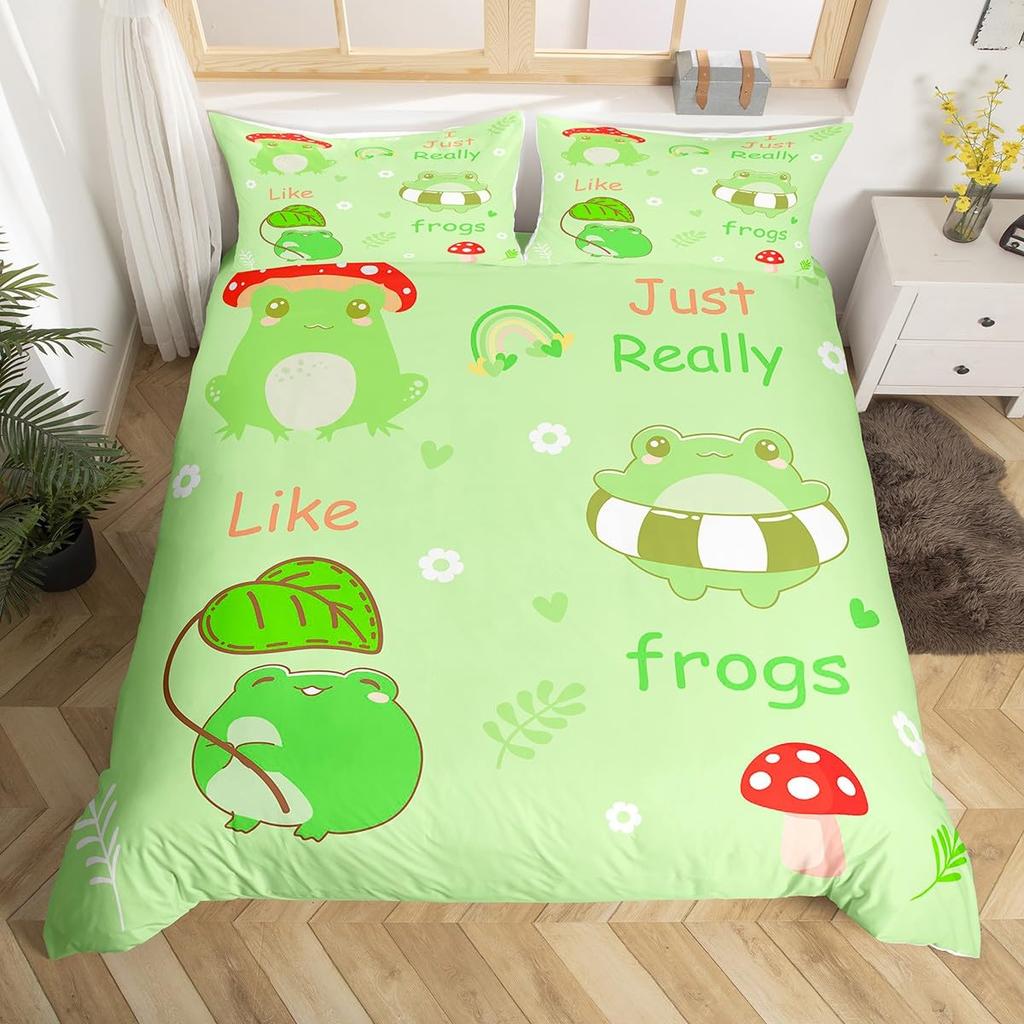 Cartoon Mushroom Frog Duvet Cover Twin Size,Cute Kawaii Green Animal Comforter Cover Maple Leaves Hazelnut Plant Quilt Cover