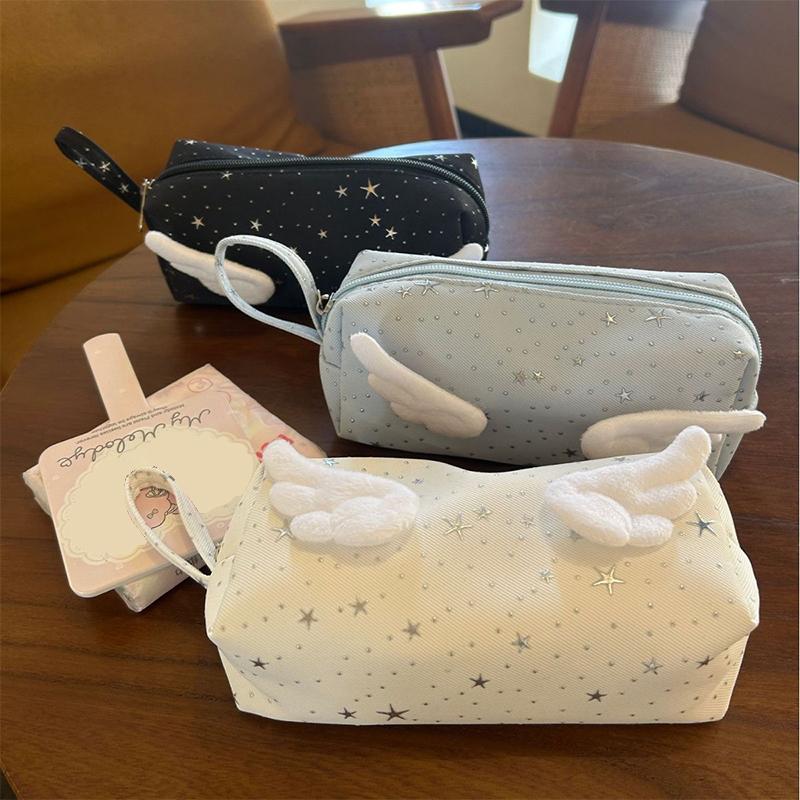 Korean Style Y2K Wings Star Dots Pencil Bag Large Capacity Desktop Stationery Storage Pen Case