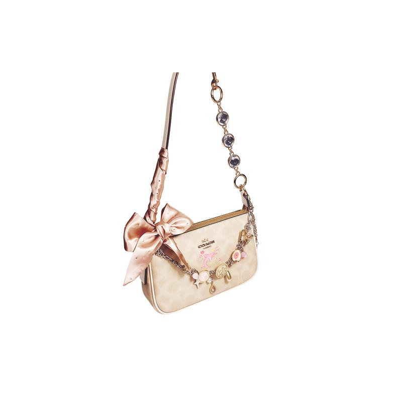 COACH shoulder bag [Customized bag] Nolita 19 Naked Apricot Ribbon Diamond Classic Old Flower Print Chain Pink Decorative Pendant Commuting dolphin