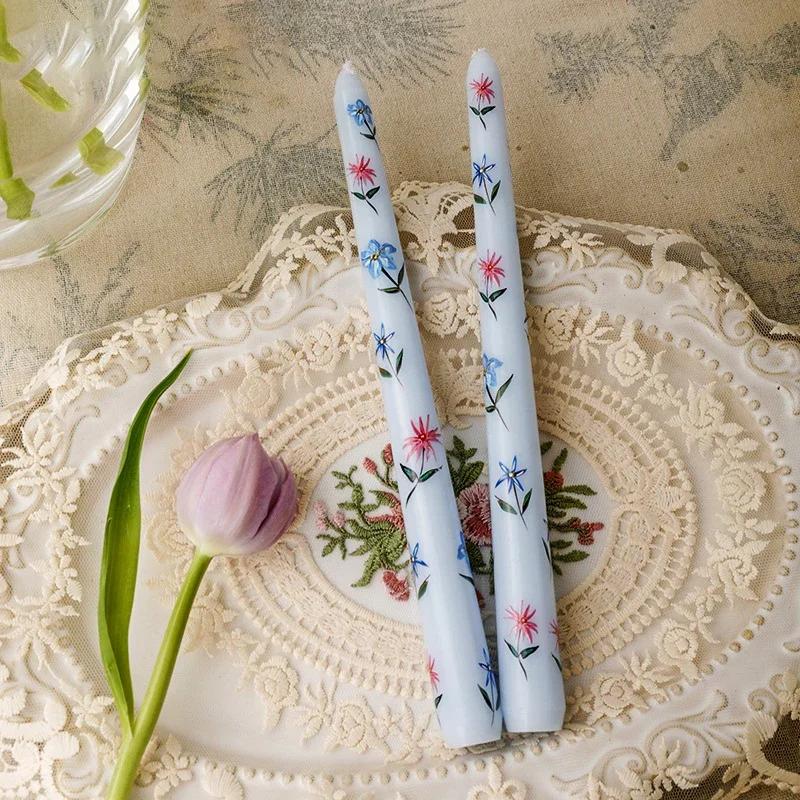 2PCS/Box Printed Long Candle European-Style Romantic Candlelight Dinner Wedding Festival Marriage Decoration Smokeless Candle