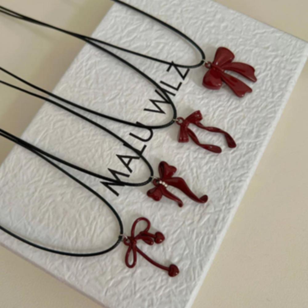 

Black Leather Rope Clavicle Chain Bow Sweater Chain Bowknot Pendant Necklaces For Women Girls 5