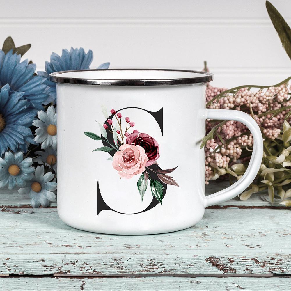 Alphabet Blumen A-Z Vintage Emaille Kaffee Tee Tassen Urlaub Camping Getränke Saft Bier Tassen Zuhause Büro Milch Tasse Geburtstagsgeschenke