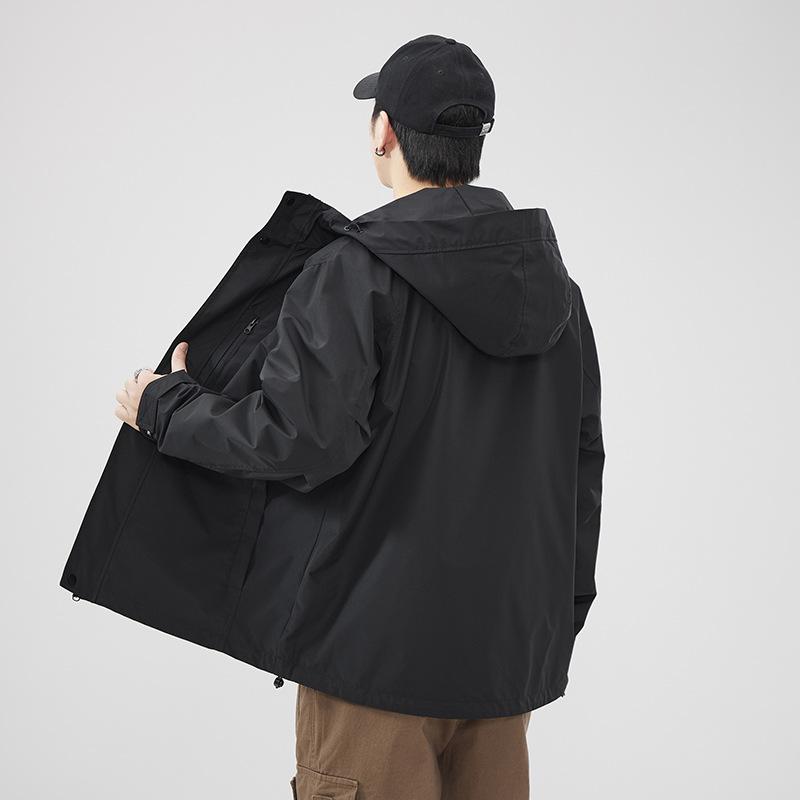 Black Tooling Jacket Men'S Loose Large Size Outdoor Windproof Hooded Splicing Casual Jacket Trendy Brand